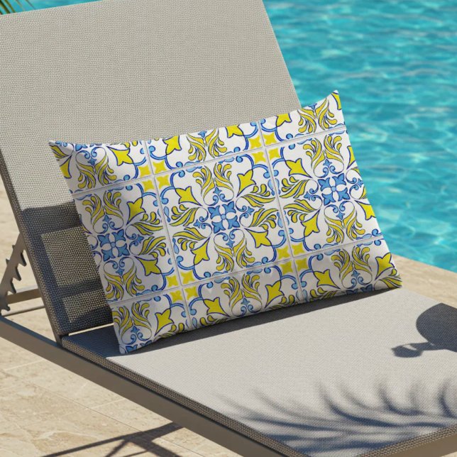 Portuguese Tile Pattern Yellow White Blue Outdoor Lumbar Cushion (Creator Uploaded)