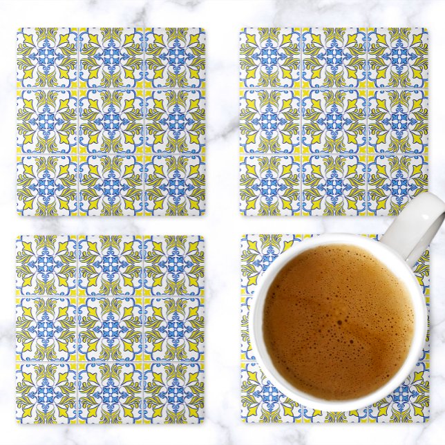 Portuguese Tile Pattern Yellow White Blue Stone Coaster (Creator Uploaded)