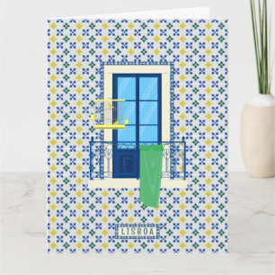 Portuguese tiles and window balcony with bird card