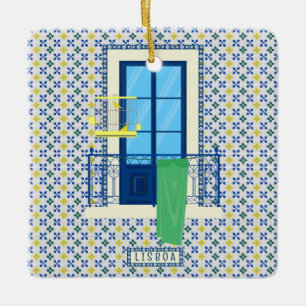 Portuguese tiles and window balcony with bird ceramic ornament