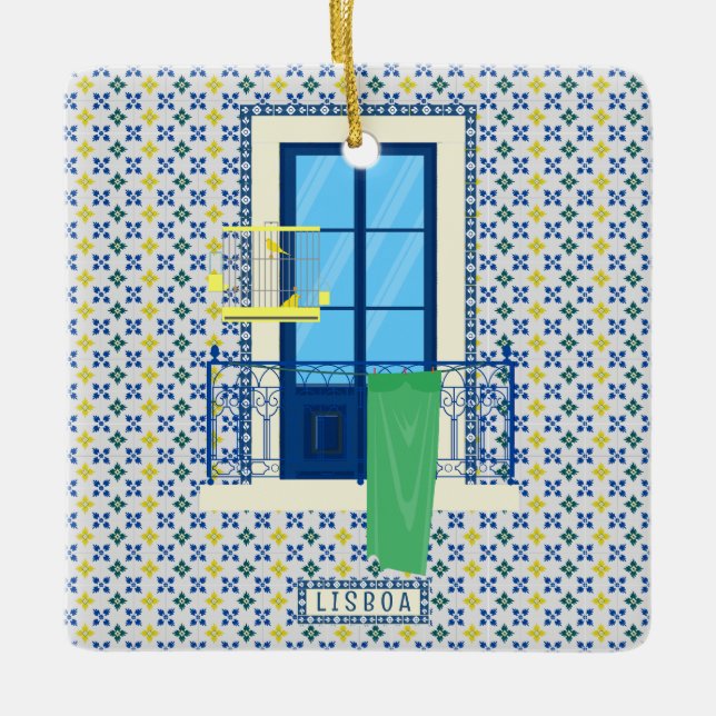 Portuguese tiles and window balcony with bird ceramic ornament (Front)