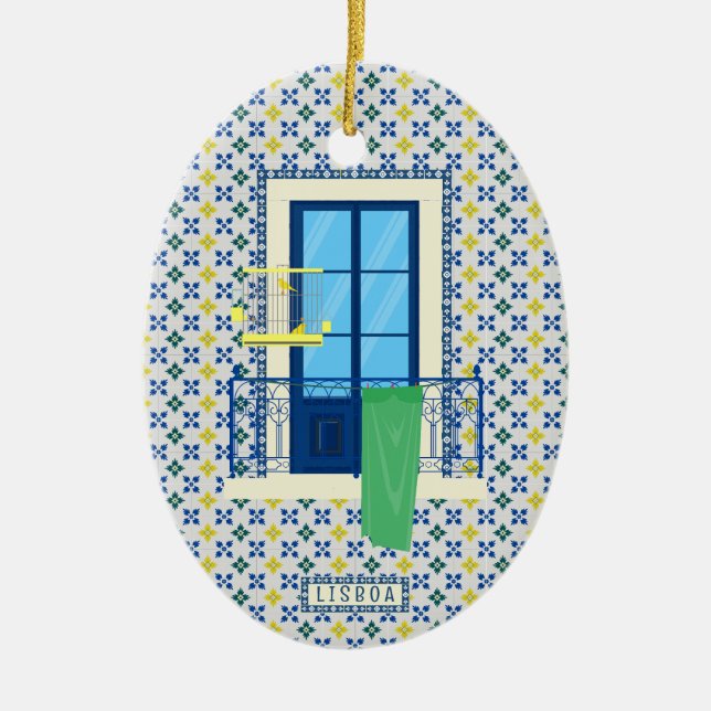 Portuguese tiles and window balcony with bird ceramic ornament (Front)