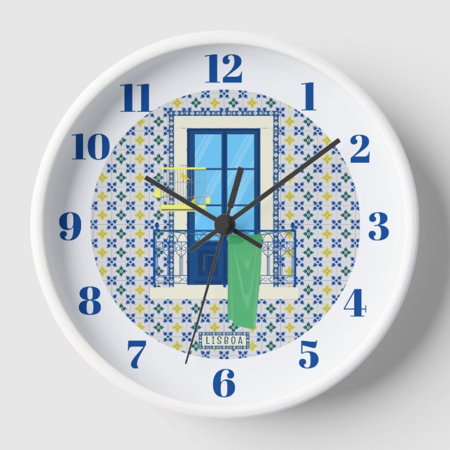 Portuguese tiles and window balcony with bird clock (Front)