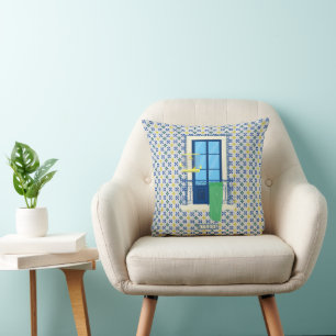 Portuguese tiles and window balcony with bird cushion