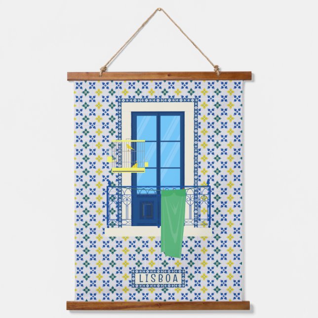 Portuguese tiles and window balcony with bird hanging tapestry (Front)