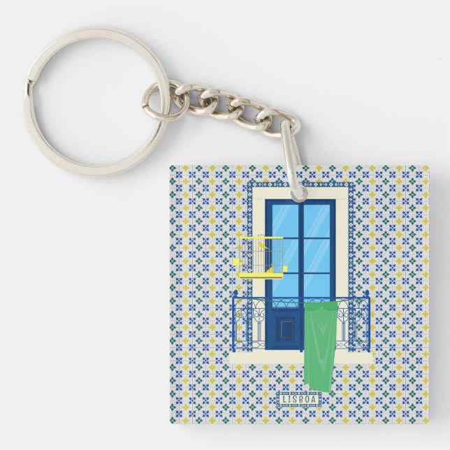 Portuguese tiles and window balcony with bird key ring (Front)