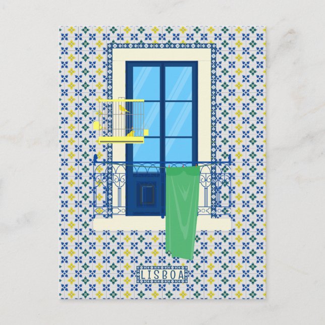 Portuguese tiles and window balcony with bird postcard (Front)