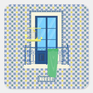 Portuguese tiles and window balcony with bird square sticker