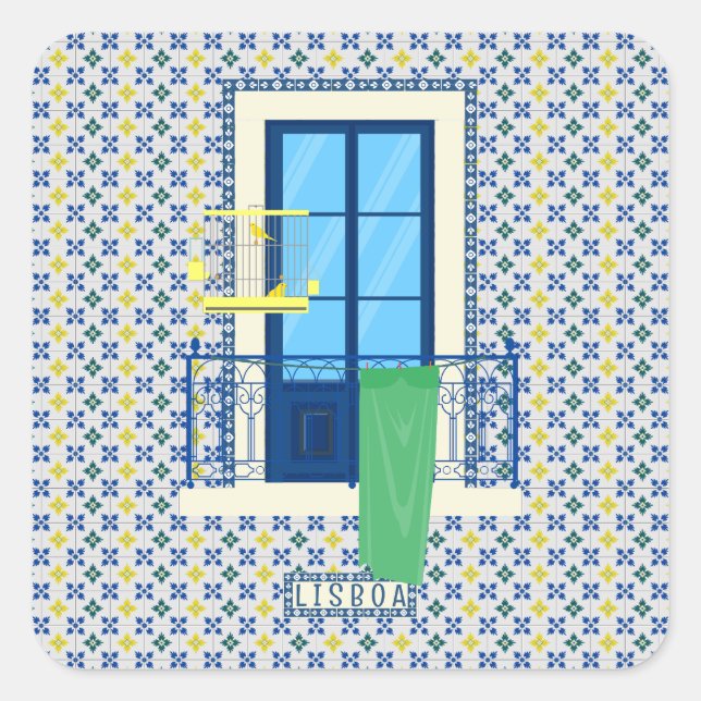 Portuguese tiles and window balcony with bird square sticker (Front)