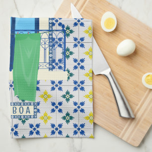 Portuguese tiles and window balcony with bird tea towel