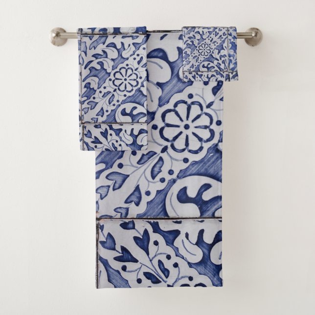 Portuguese Tiles - Azulejo Blue and White Floral Bath Towel Set (Insitu)