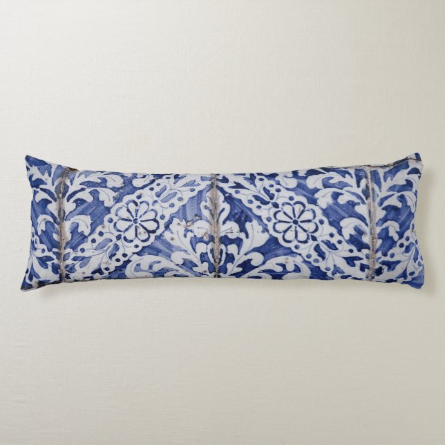 Portuguese Tiles - Azulejo Blue and White Floral Body Cushion (Front)