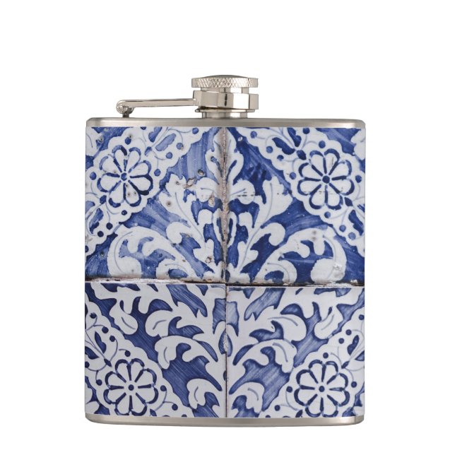 Portuguese Tiles - Azulejo Blue and White Floral Hip Flask (Front)