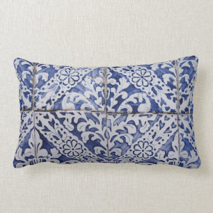 Portuguese Tiles - Azulejo Blue and White Floral Lumbar Cushion