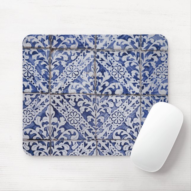 Portuguese Tiles - Azulejo Blue and White Floral Mouse Pad (With Mouse)