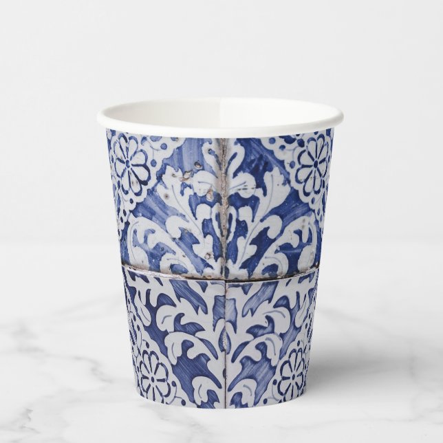 Portuguese Tiles - Azulejo Blue and White Floral  Paper Cups (Left)