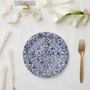 Portuguese Tiles - Azulejo Blue and White Floral Paper Plate