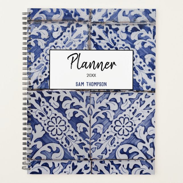Portuguese Tiles - Azulejo Blue and White Floral Planner (Front)