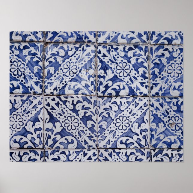 Portuguese Tiles - Azulejo Blue and White Floral Poster (Front)