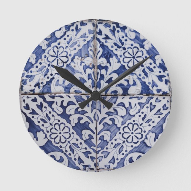Portuguese Tiles - Azulejo Blue and White Floral Round Clock (Front)