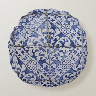 Portuguese Tiles - Azulejo Blue and White Floral Round Cushion