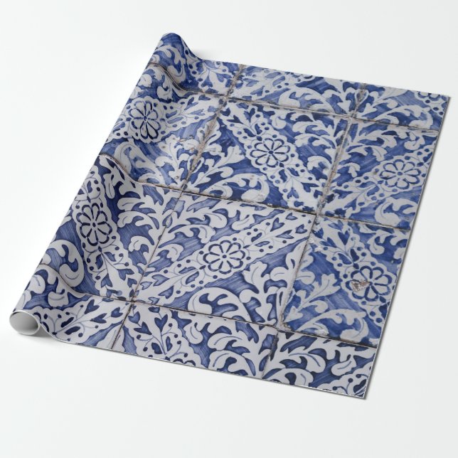 Portuguese Tiles - Azulejo Blue and White Floral Wrapping Paper (Unrolled)