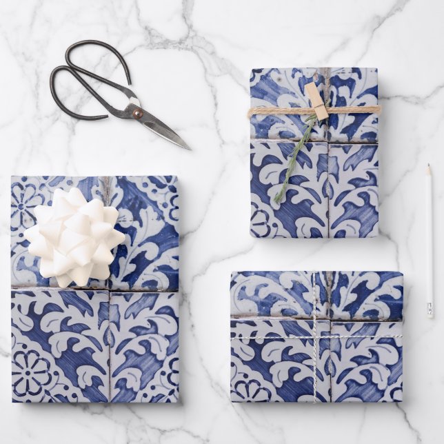 Portuguese Tiles - Azulejo Blue and White Floral Wrapping Paper Sheet (Front)
