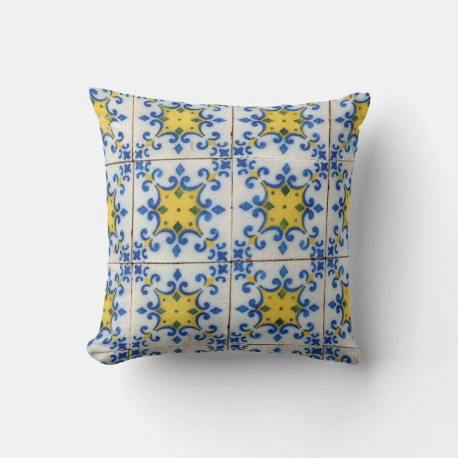 Portuguese Tiles - Azulejo Blue and Yellow Pattern Cushion (Front)