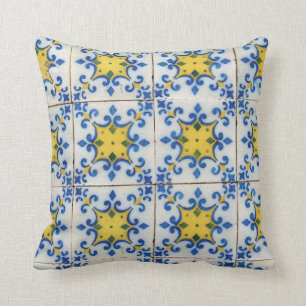 Portuguese Tiles - Azulejo Blue and Yellow Pattern Cushion