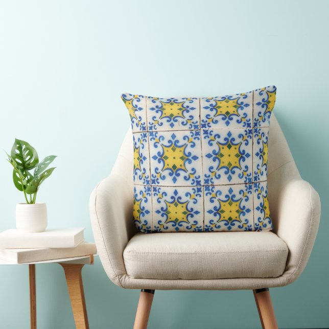 Portuguese Tiles - Azulejo Blue and Yellow Pattern Cushion (Chair)