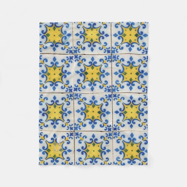 Portuguese Tiles - Azulejo Blue and Yellow Pattern Fleece Blanket (Front)
