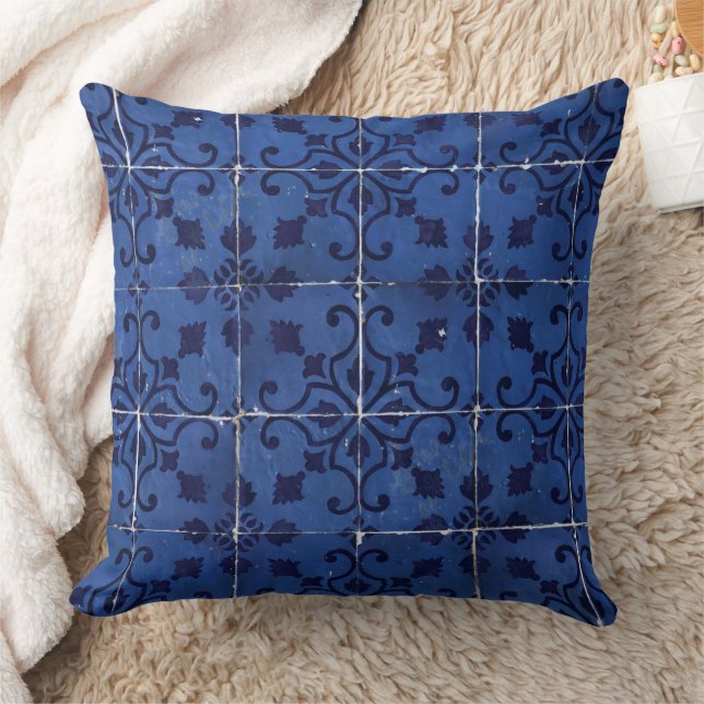 Portuguese Tiles - Azulejo Blue Floral Leaf Design Cushion (Blanket)