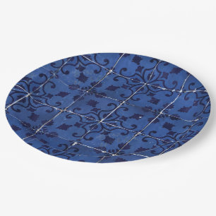 Portuguese Tiles - Azulejo Blue Floral Leaf Design Paper Plate