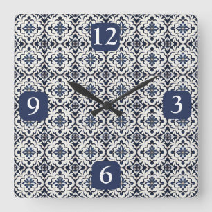 Portuguese Tiles Azulejos Vintage Blue And White Square Wall Clock