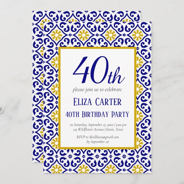 Portuguese Tiles Blue 40th Birthday Mediterranean  Invitation (Front/Back)