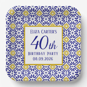 Portuguese Tiles Blue 40th Birthday Mediterranean Paper Plate