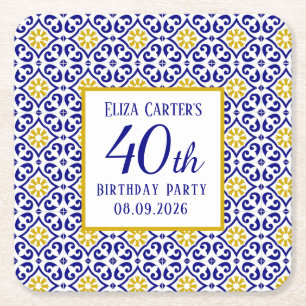 Portuguese Tiles Blue 40th Birthday Mediterranean Square Paper Coaster