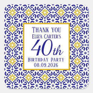 Portuguese Tiles Blue 40th Birthday Mediterranean  Square Sticker