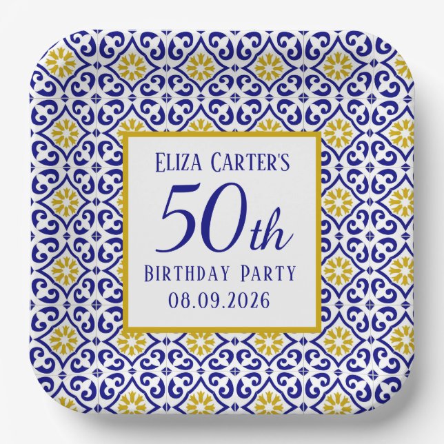 Portuguese Tiles Blue 50th Birthday Mediterranean  Paper Plate (Front)
