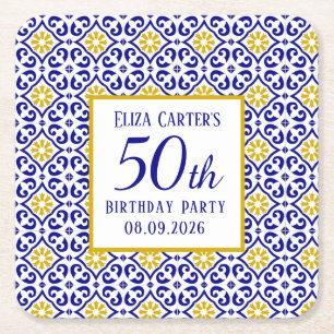 Portuguese Tiles Blue 50th Birthday Mediterranean  Square Paper Coaster