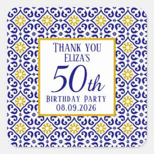 Portuguese Tiles Blue 50th Birthday Mediterranean  Square Sticker