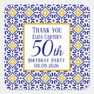 Portuguese Tiles Blue 50th Birthday Mediterranean  Square Sticker
