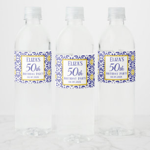 Portuguese Tiles Blue 50th Birthday Mediterranean  Water Bottle Label