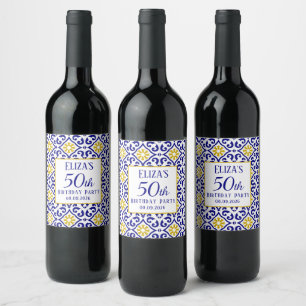 Portuguese Tiles Blue 50th Birthday Mediterranean Wine Label