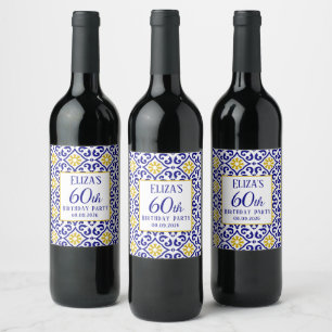 Portuguese Tiles Blue 60th Birthday Mediterranean  Wine Label