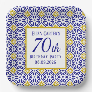 Portuguese Tiles Blue 70th Birthday Mediterranean  Paper Plate