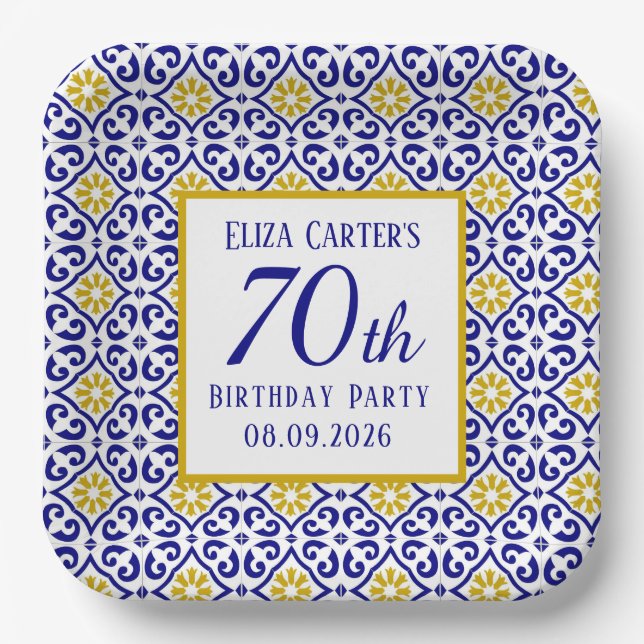 Portuguese Tiles Blue 70th Birthday Mediterranean  Paper Plate (Front)