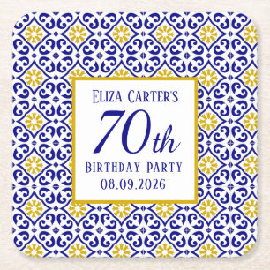 Portuguese Tiles Blue 70th Birthday Mediterranean  Square Paper Coaster