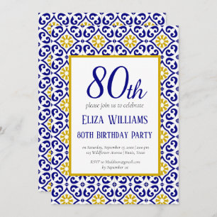Portuguese Tiles Blue 80th Birthday Mediterranean  Invitation