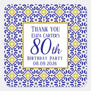 Portuguese Tiles Blue 80th Birthday Mediterranean  Square Sticker